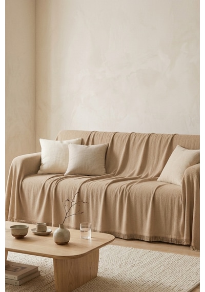 İskandinav Dokulu Pamuklu Saçaklı Koltuk Örtüsü Ve Koltuk Şalı Kaymaz Terletmez 180x300 Cm Bej