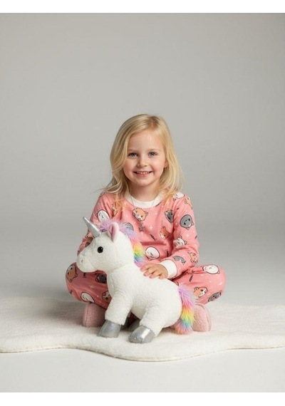 Kız Çocuk Kedi Baskılı Pamuklu Pijama Takımı-16832 Renkli