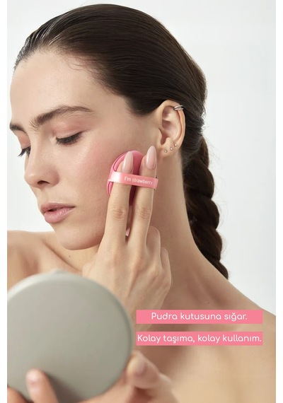 7 Li Yuvarlak Pudra Pufu Makyaj Süngeri Seti Islak/kuru Parmak Bantlı Kutulu Strawberry Pembe