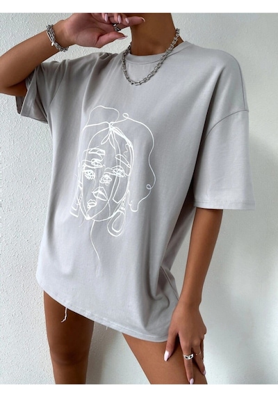 Flood Of Style Kadın Çizgili Figür Oversize Boyamalı Gri T-shirt