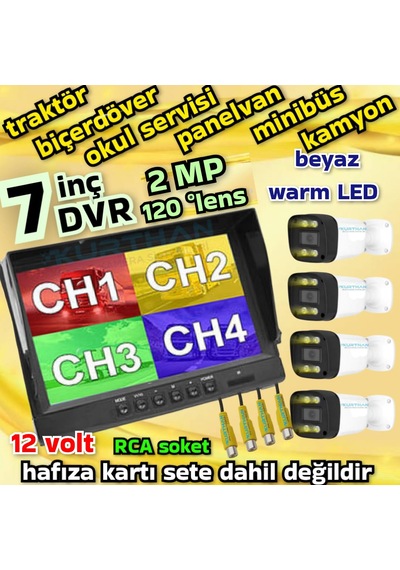 Tarımsal Araçlara 4 Adet Ahd 2 Mp Warm Ledli Kamera 7 İnç Qled Ips 256 Gb Dvr Monitör 12 Volt