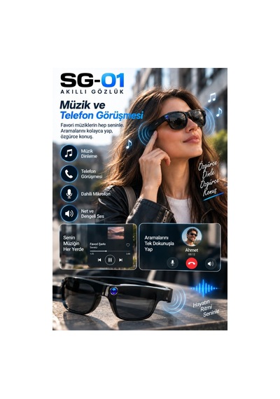Sg01 8 Mp Kameralı Akıllı Gözlük 1080p Video Kayıt Wifi Bluetooth Yapay Zeka Aı Çeviri