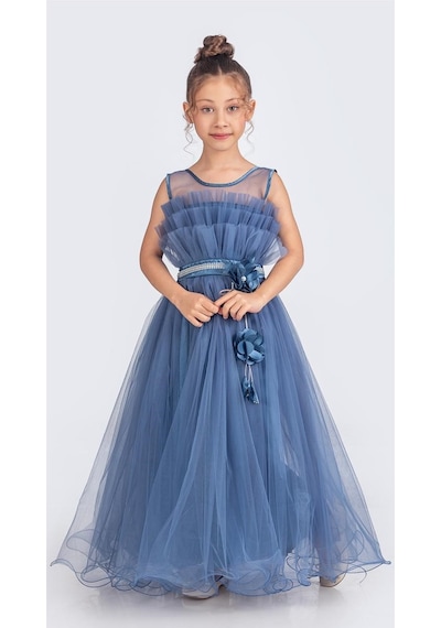 Mnk Baby & Kids Kız Çocuk Robası Katlı Özel Gün Abiye Elbise Mnk0475 İndigo