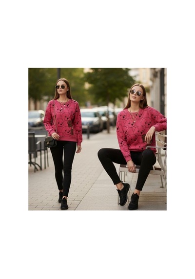 The Kadın Pembe Ayıcık Baskılı Sweatshirt 3 İplik Şardonsuz, %100 Pamuk Rahat Kalıp Pembe