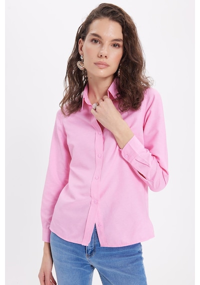 Tudors Kadın Slim Fit Dar Kesim Uzun Kollu Pamuklu Vücuda Oturan Dokulu Pembe Basic Gömlek-38815 Pembe