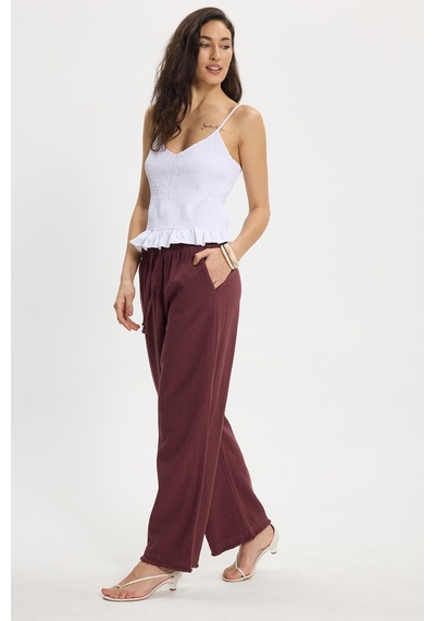 Tudors Kadın Relax Fit Rahat Kesim %100 Pamuk Beli Bağcıklı Lastikli Çift Cepli Mürdüm Pantolon-50602
