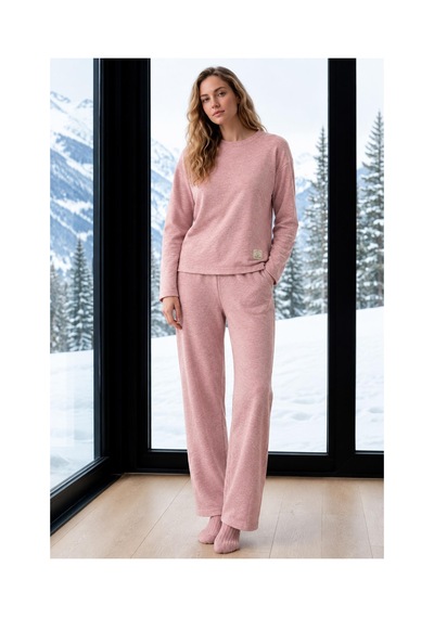 Pijamoni Kadın Bisiklet Yaka Uzun Kol Selanik Kışlık Pijama Takımı 1155-2 - 1 Adet Pudra