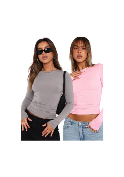 Seeh Pudra/gri Bisiklet Yaka Basic Uzun Kollu Body Sh142