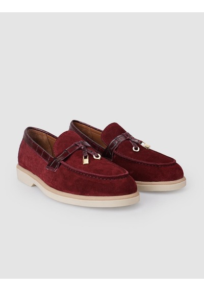 %100 Hakiki Deri Bordo Süet Kadın Loafer Bordo