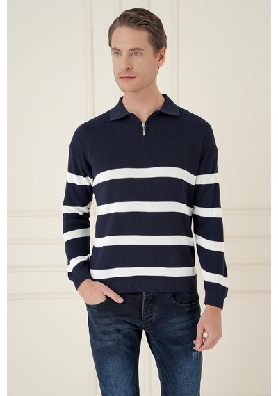 Efor Slim Fit Çizgili Fermuarlı Polo Yaka Lacivert Triko Kazak Tr 877 Lacivert