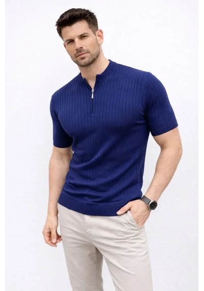 Yake Store Erkek Kısa Kol Fitilli Triko T-shirt Yazlık Hakim Yaka Tişört - Lacivert - Lacivert