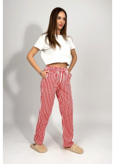 Kadın Cepli Pamuklu Lastikli Bel Kurdeleli Desenli Pijama Altı Kırmızı
