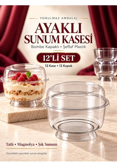 Ayaklı Bombe Kapaklı Kase 12 Li Şeffaf Plastik Tatlı, Magnolya Ve Puding Sunum Kabı