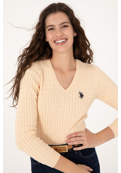 U.S. Polo Assn. Kadın Yavruağzı V yaka Basic Kazak 50313625-VR053