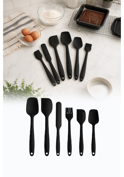 6'lı Siyah Silikon Mutfak Seti Yanmaz Yapışmaz Spatula Kaşık Fırça Pasta Hamur 20-27 cm