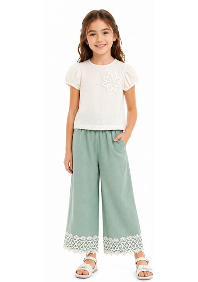 Irem Kız Çocuk Bluzu Müslin Kumaş Çiçek Nakışlı Taş Detaylı Sırtı Fiyonk Detaylı Pantolonun Paça Kısımları Güpür Detaylı Bej Renk Şık İkili Takım Irem Kız Çocuk Bluzu Müslin Kumaş Çiçek Nakışlı Taş Detaylı Sırtı Fiyonk Detaylı Pantolonun Paça Kısımları Güpür Detaylı Bej Renk Şık İkili Takım