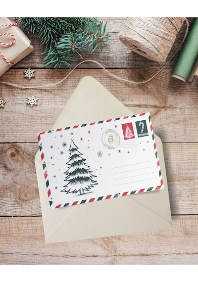 Yılbaşı Çam Ağacı Temalı Kartpostal Ve Zarf Seti, Yeniyıl, Tebrik
