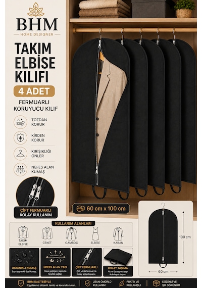 4'lü Takım Elbise Kılıfı 60x100 Cm Çift Fermuarlı Gamboç Elbise Kılıfı Kıyafet Koruyucu Toz Geçirmez Dolap Düzenleyici Siyah