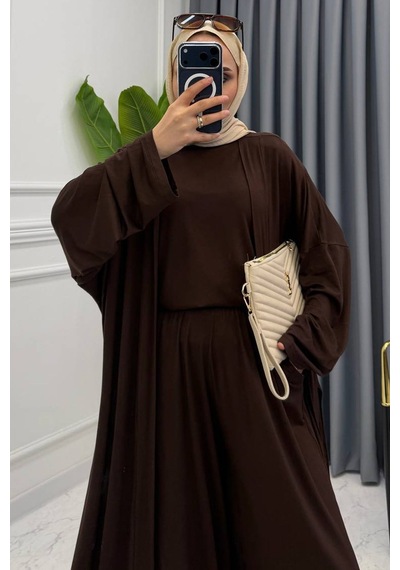 Balenbi Kadın Penye Uzun Hırka Bluz Geniş Paça Pantolon Abaya Takım 1217 Kahverengi