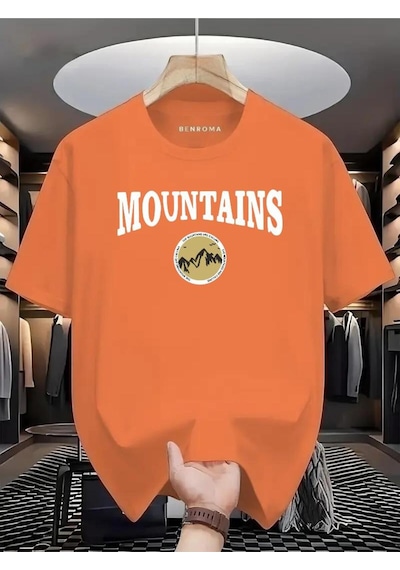 Mountaıns Baskılı Oversize Tişört Turuncu