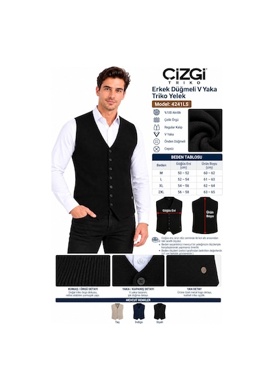 Çizgi Triko Erkek Düğmeli V Yaka Regular Kalıp Triko Yelek Bgl-st05772 Siyah