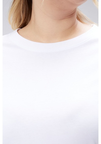Banega Curve Büyük Beden Beyaz Boyfriend Bisiklet Yaka Yırtmaçlı Pamuk Örme T-shirt Beyaz