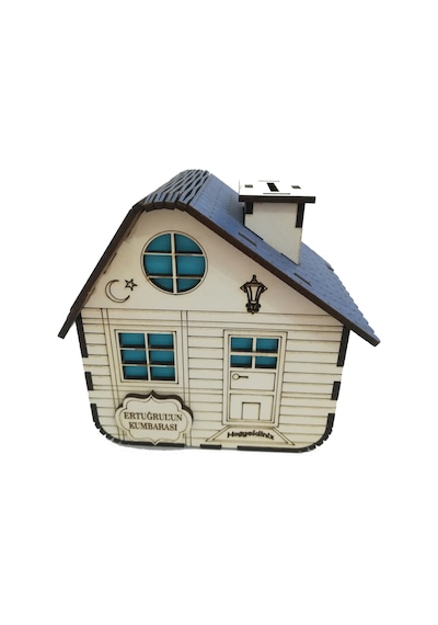 Kişiye Özel Dekoratif Ahşap Mavi Dağ Evi Kumbara -Tipbox