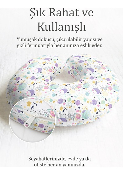 Renkli Uzay Temalı Pamuklu Boyun Yastığı - Pastel Mor Sarı Desenli Yumuşak Seyahat Yastığı Metalik Gün Doğumu Karamel