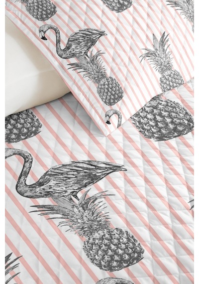 Tropikal Genç Odası Tek Kişilik Pike Takımı - Flamingo Ananas Gri 160x220 Cm Kapitone Yatak Örtüsü Buharlı Yağmur Baharı
