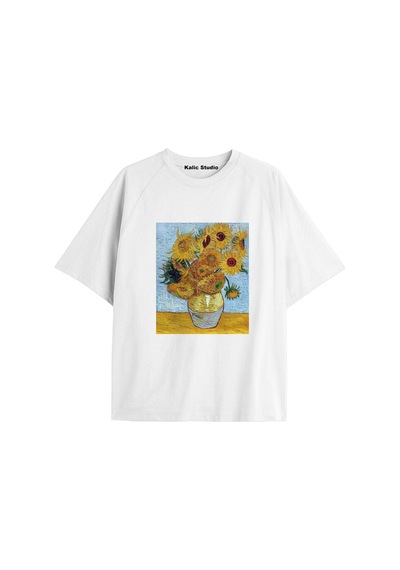 Kalic Studio Unisex Van Gogh Baskılı Oversize Tshirt Beyaz-52