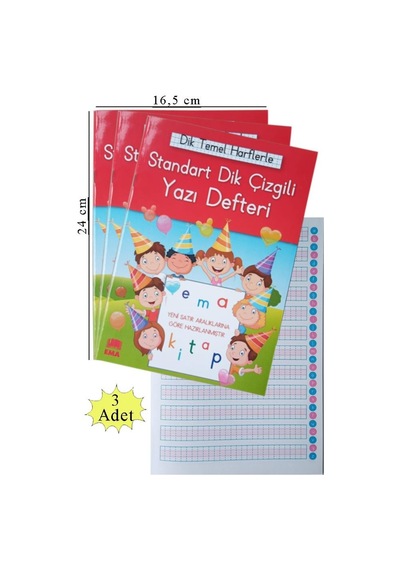 Güzel Yazı Defteri Orta Boy Dik Çizgili 16.5 x 24 CM 24 Yaprak 3 Adet