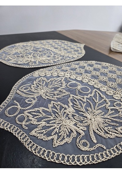 Çınar Desen 5 Parça Salon Masa Örtüsü Takımı Bej