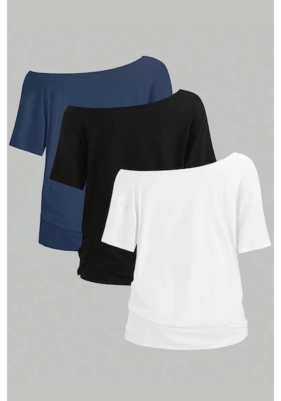 Lacivert Beyaz Siyah 3lü Paket Kadın Düşük Omuz Kayık Yaka Oversize T-shirt Siyah