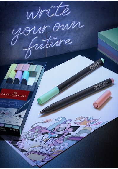 Faber-Castell Grip Finepen İnce Keçe Uçlu Kalem Seti, 5’li, Pastel Renkler, 0.4 mm Uç, Metal Destekli