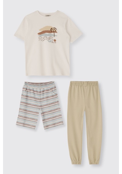 Panço Erkek Çocuk Bej 3'lü Pijama Takımı Krem
