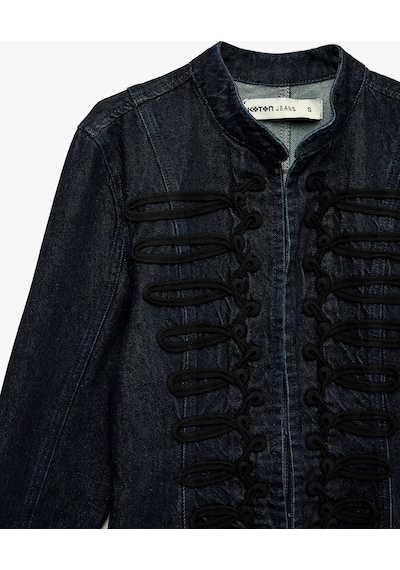 Koton Dik Yaka Uzun İspanyol Kollu Fermuarlı Peplum Denim Ceket Napolyon Kapamalı Raw 7wal50039md 63x