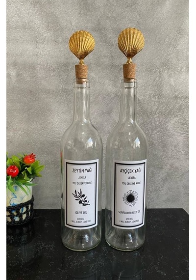 2 Adet Şeffaf 750 Ml Etiketli Şişe Altın İstiridye Tıpalı Yağdanl