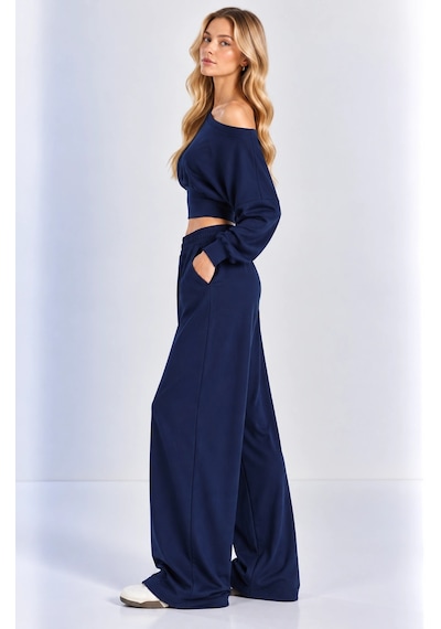 Mevese Kayık Yaka Korseli Crop Bluz - Cep Detaylı Palazzo Modal Takım - Lacivert Mevese Kayık Yaka Korseli Crop Bluz - Cep Detaylı Palazzo Modal Takım - Lacivert