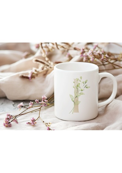 I Gold Harf Ve Zarif Yaprak Desenli Kupa Bardak - Doğal Alfabe Bardak - Kişiye Özel Hediye Beyaz