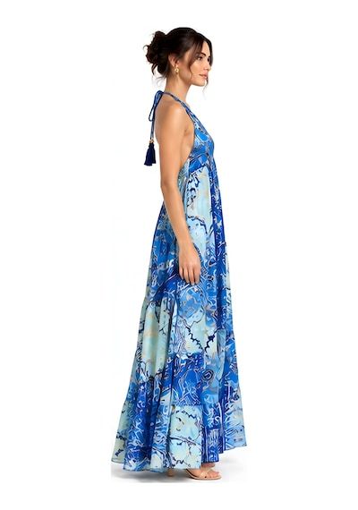 Lili Woman Kadın Mavi Ombreli Batik Desenli Halter Yaka Otantik Maxi Elbise Mo.melb01m