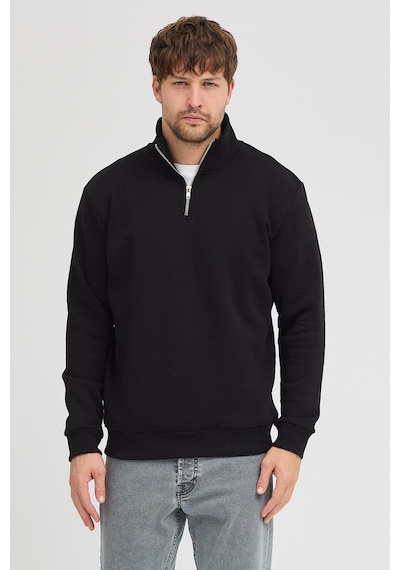 Polostate Unisex Regular Fit Rahat Kesim Pamuklu Içi Polarlı Yarım Fermuarlı Siyah Dik Yaka Sweatshirt Siyah