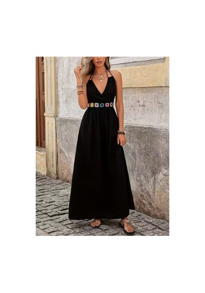 Butik İstanbul Kadın Askılı Kruvaze Yakalı Belden Etnik Desenli Uzun Viskon Elbise Siyah