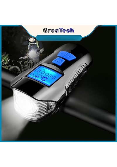 Greatech Şarjlı Bisiklet Lcd Hız Göstergesi Su Geçirmez Led Işık Km Ekran Kronometre Bisiklet Kornası Feneri Siyah - Mavi
