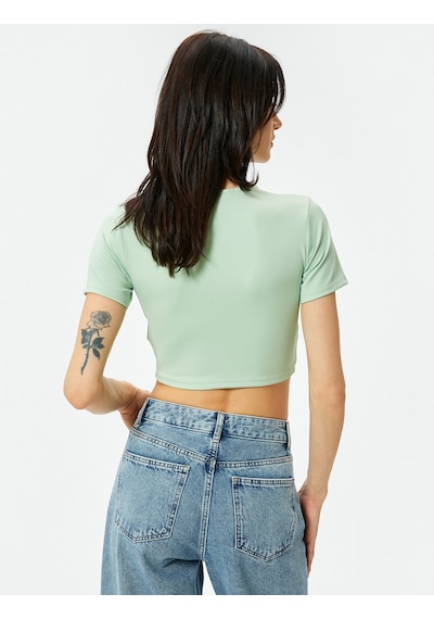 Koton Crop Tişört Bisiklet Yaka Kısa Kollu Slim Fit Yeşil 4sak50404ek Yeşil