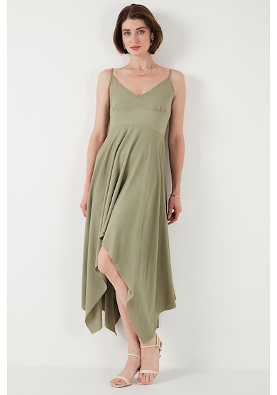Lela Asimetrik Kesim Regular Fit Midi Boy Askılı V Yaka Bayan Elbise 5866131 Olive