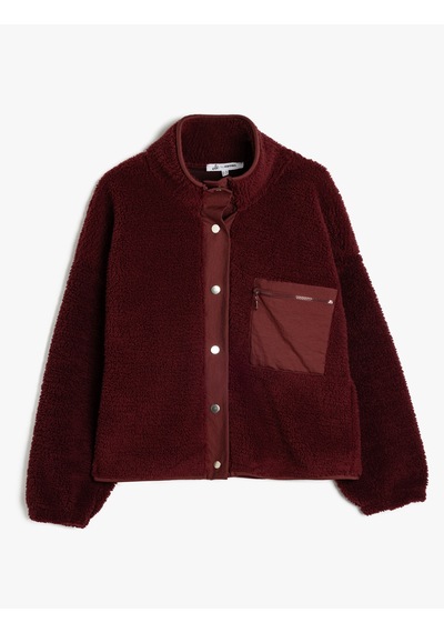 Koton Oversize Çıtçıt Düğmeli Cep Detaylı Peluş Sweatshirt Bordo 5wal10859ık Bordo