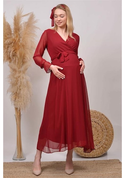 Dip Moda Kadın Beyaz Baby Shower Şifon Hamile Elbise Dphml003 Bordo