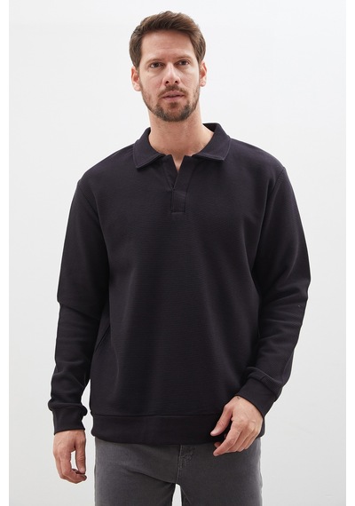 Fullamoda Petek Kumaş Apaş Yaka Regular Sweatshirt Siyah