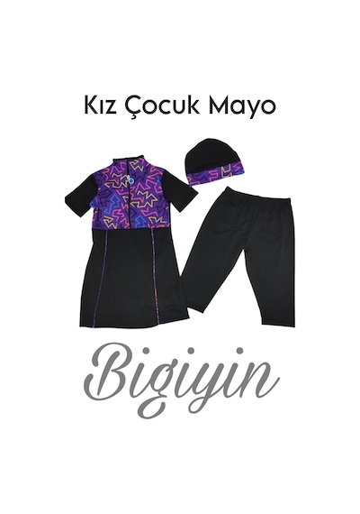 Bigiyin Yarım Kol Çocuk Mayo Fermuarlı Çocuk Mayosu Kısa Kol Mayo Kız Çocuk Mayo Siyah