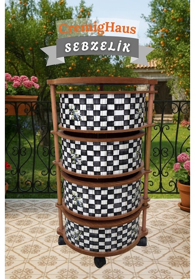 Ahşap Sebzelik Geleneksel Tasarım Yuvarlak Dama Desenli 4 X 5 Kg Kapasiteli Hazır Gönderim Diğer